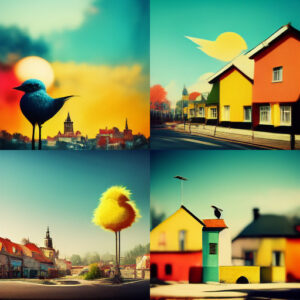 『Midjourney』が描いた絵：カラフルな街並みと鳥