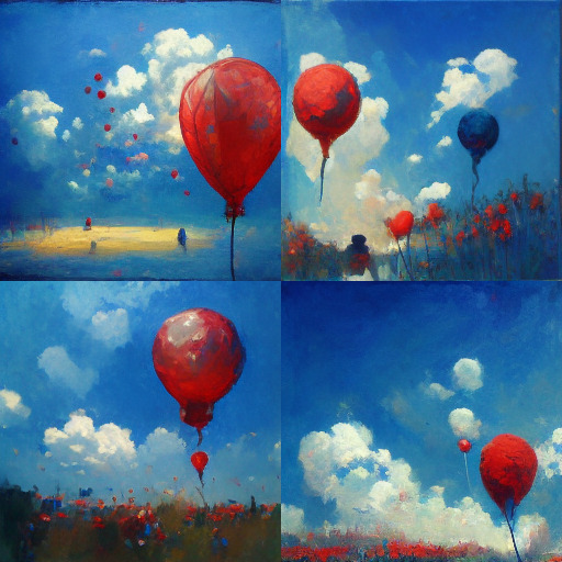 Midjourneyが描いた絵：赤い風船と青空1