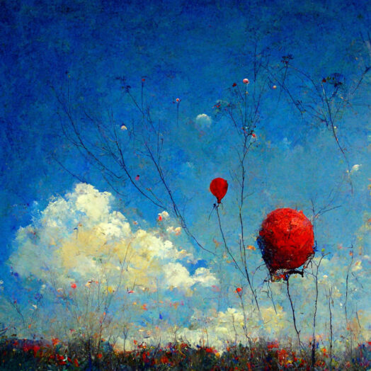 Midjourneyが描いた絵：赤い風船と青空完成版